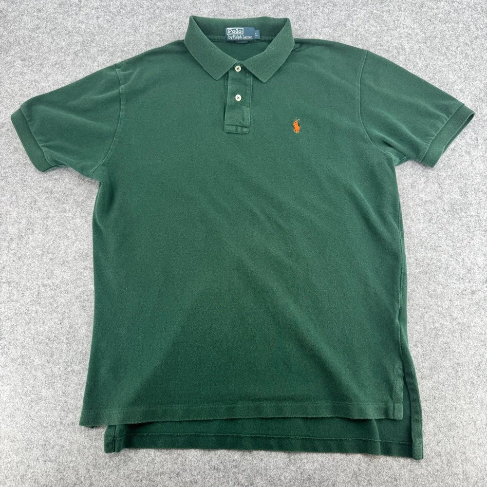 Polo Ralph Lauren Mens Green Short Sleeve Pique Polo Shirt Orange Pony Large